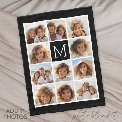 11 Photo Instagram Collage Custom Black Monogram Fleece Blanket