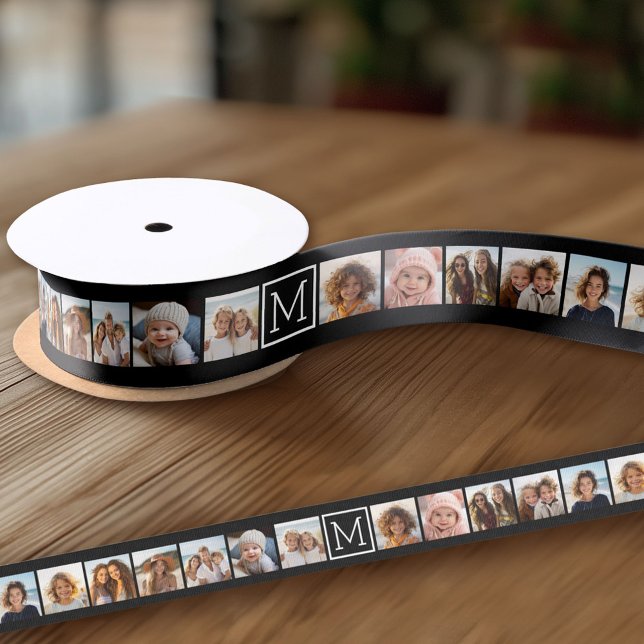 11 Photo Instagram Collage Custom Black Monogram Grosgrain Ribbon (Custom Ribbon on a Roll - Personalize this ribbon with you text)