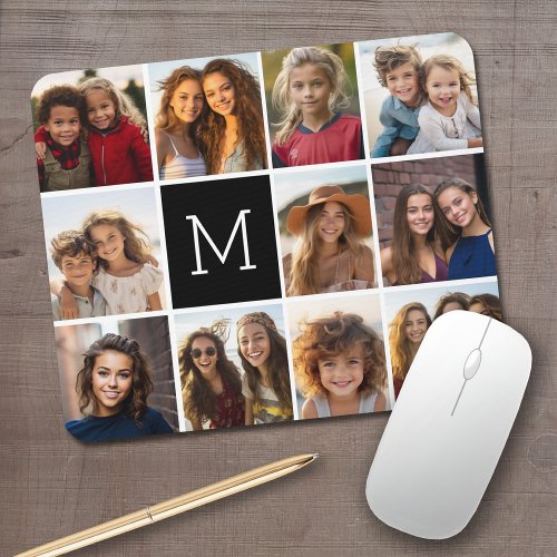 11 Photo Instagram Collage Custom Black Monogram Mouse Pad