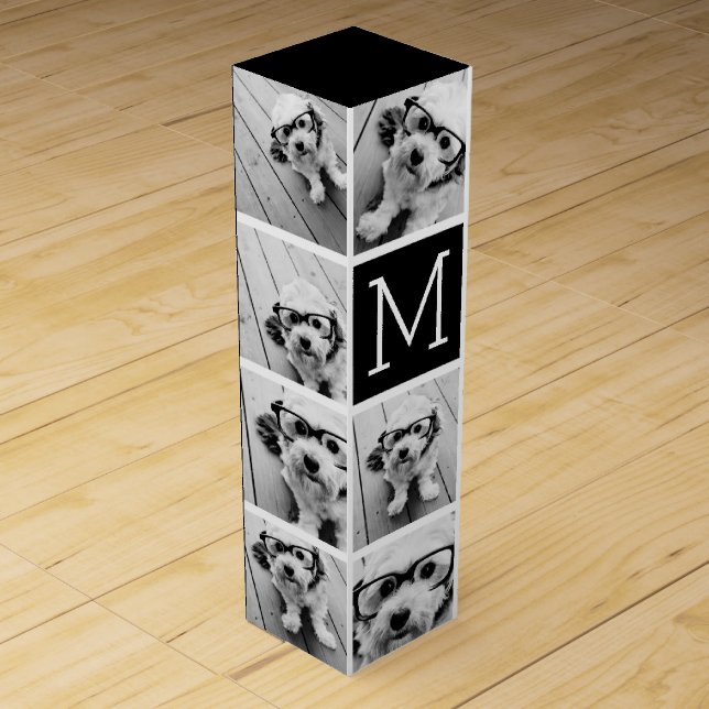 11 Photo Instagram Collage Custom Black Monogram Wine Box (Front)