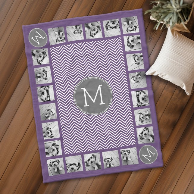 11 Photo Purple Gray Chevron Pattern with Monogram Fleece Blanket (Personalized fleece blanket with photos and a monogram)