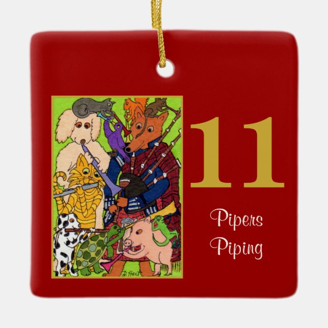 11 Pipers Piping Cute Animals & Typography Ceramic Ornament (Front)