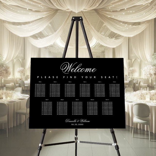 11 Table Black Simple Script Wedding Seating Chart Foam Board (Creator Uploaded)