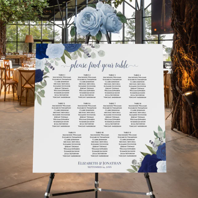 11 Table Blue Boho Roses Wedding Seating Chart Foam Board | Zazzle