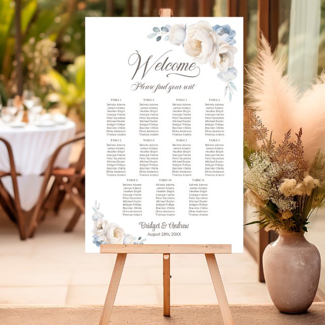 11 Table Blue White Floral Wedding Seating Chart Foam Board (Creator Uploaded)