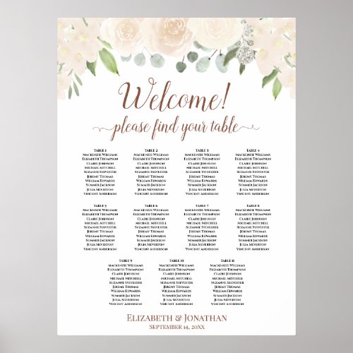 11 Table Blush Peach Roses Wedding Seating Chart