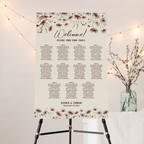 11 Table Boho Wildflowers Wedding Seating Chart Foam Board