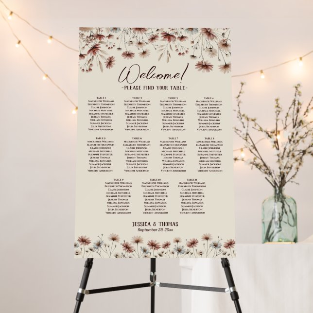 11 Table Boho Wildflowers Wedding Seating Chart Foam Board (In Situ (Stand))