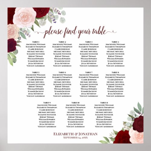 11 Table Burgundy Red  Pink Floral Seating Chart