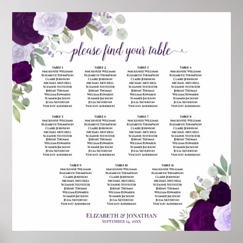 11 Table Chic Purple Roses Wedding Seating Chart 