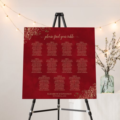 11 Table Crimson Red  Gold Wedding Seating Chart Foam Board