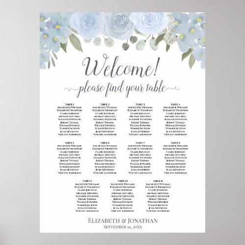 11 Table Dusty Blue Roses Wedding Seating Chart