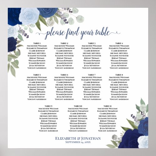 11 Table Elegant Blue Roses Wedding Seating Chart 