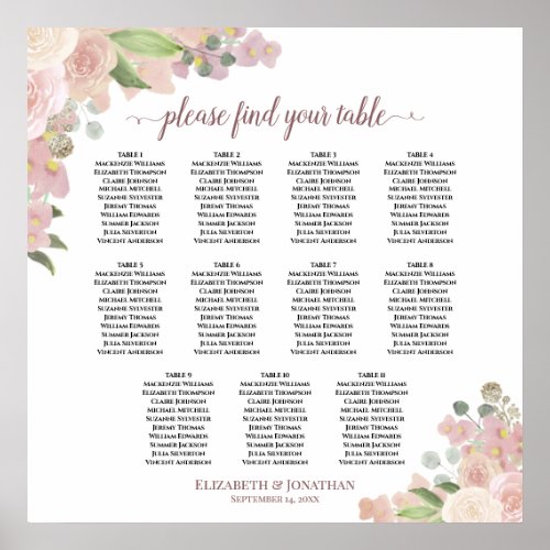 11 Table Elegant Pink Floral Wedding Seating Chart