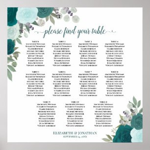 11 Table Elegant Teal Roses Wedding Seating Chart