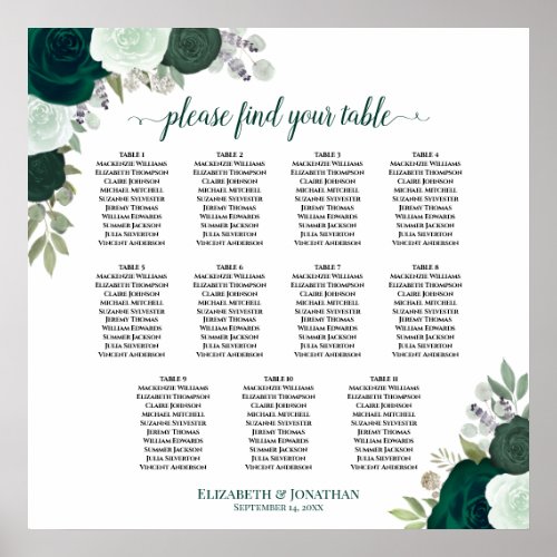 11 Table Emerald Floral Wedding Seating Chart 