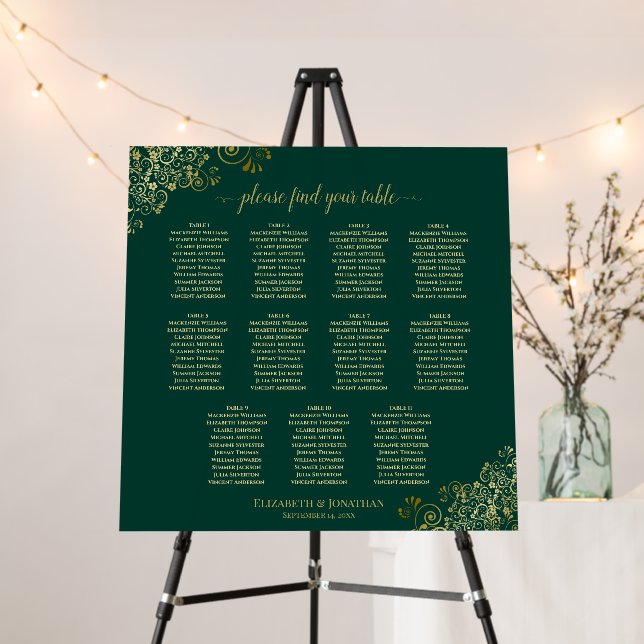 11 Table Emerald & Gold Wedding Seating Chart Foam Board (In Situ (Stand))