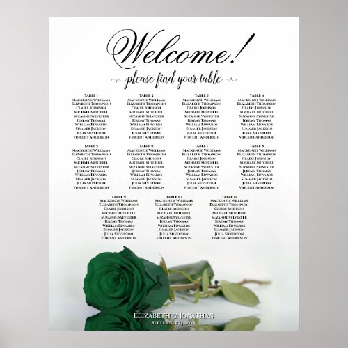 11 Table Emerald Green Rose Wedding Seating Chart