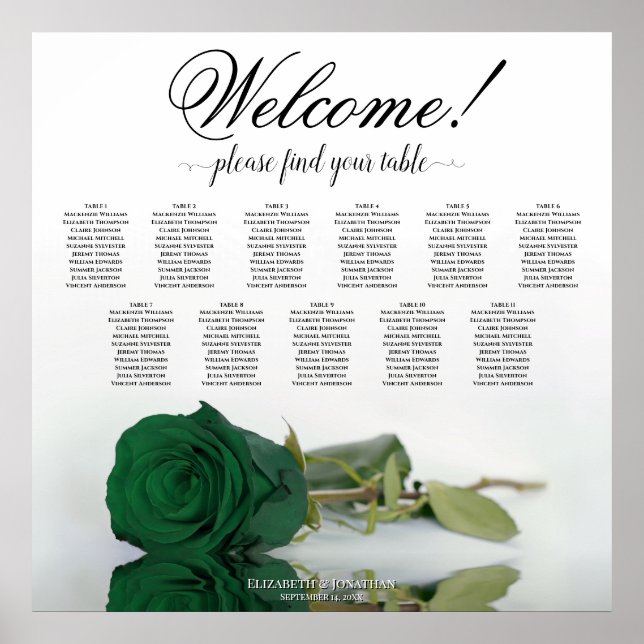 11 Table Emerald Green Rose Wedding Seating Chart (Front)
