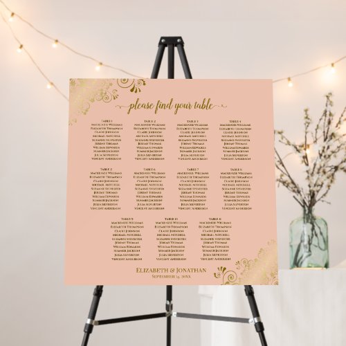 11 Table Fancy Gold & Peach Wedding Seating Chart Foam Board