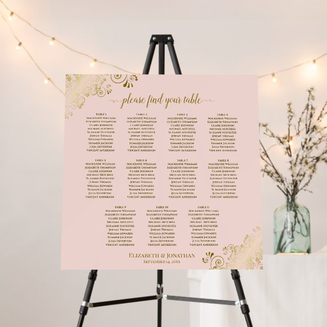 11 Table Fancy Gold & Pink Wedding Seating Chart Foam Board (In Situ (Stand))