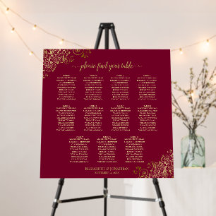 11 Table Gold & Burgundy Wedding Seating Chart Foam Board
