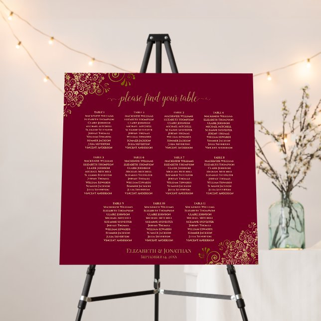11 Table Gold & Burgundy Wedding Seating Chart Foam Board (In Situ (Stand))