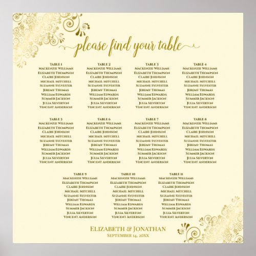 11 Table Gold Lace Wedding Seating Chart Cream