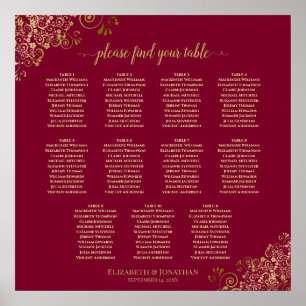11 Table Gold on Burgundy Wedding Seating Chart