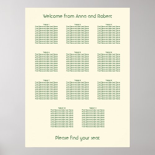 11 Table Ivory Cream Dark Green Seating Chart