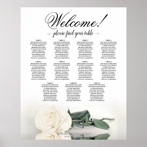 11 Table Ivory White Rose Wedding Seating Chart