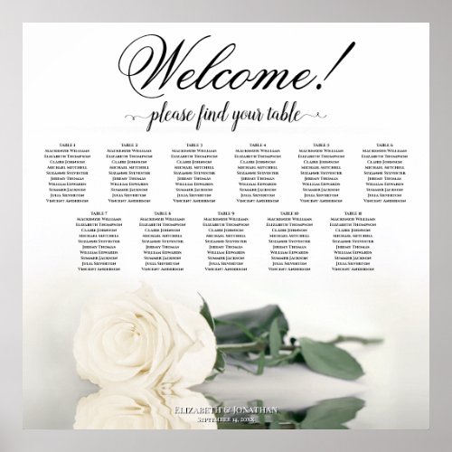 11 Table Ivory White Rose Wedding Seating Chart