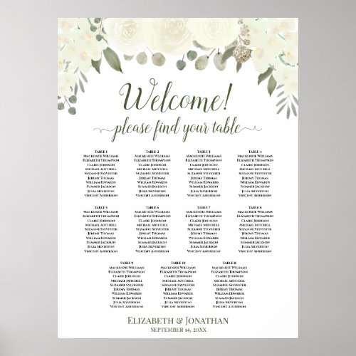 11 Table Ivory White Roses Wedding Seating Chart
