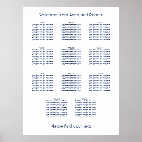 11 Table Minimalist Dark Blue Seating Chart