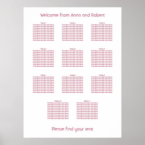 11 Table Minimalist Magenta Red Seating Chart