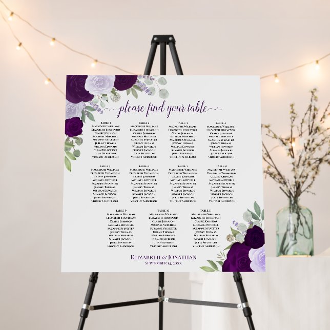 11 Table Purple Boho Roses Wedding Seating Chart  Foam Board (In Situ (Stand))