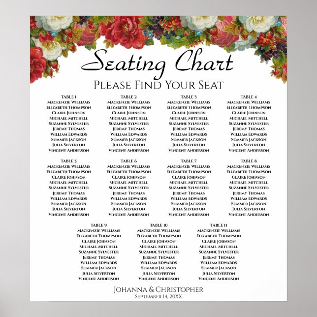 11 Table Red Fall Roses Wedding Seating Chart (Front)
