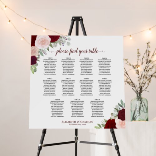 11 Table Red  Pink Roses Wedding Seating Chart  Foam Board