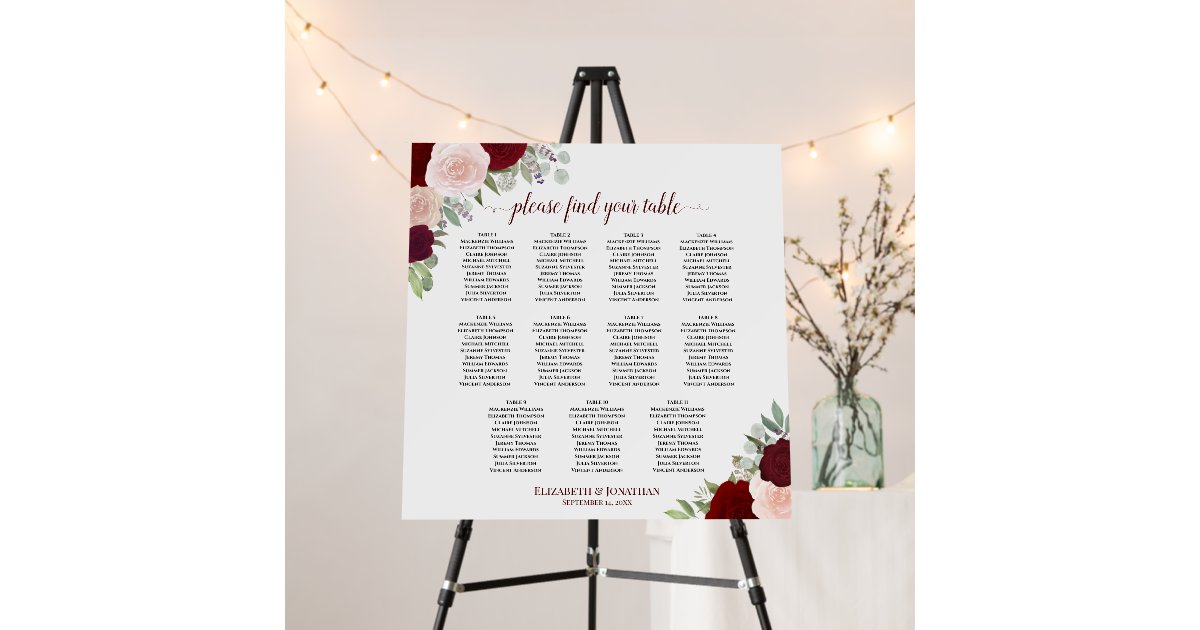 Red Roses Table Seating 11 Table Red & Pink Roses Wedding Seating Chart Foam Board | Zazzle