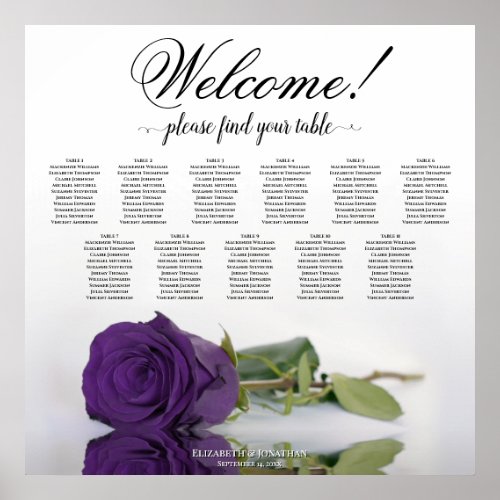 11 Table Royal Purple Rose Wedding Seating Chart