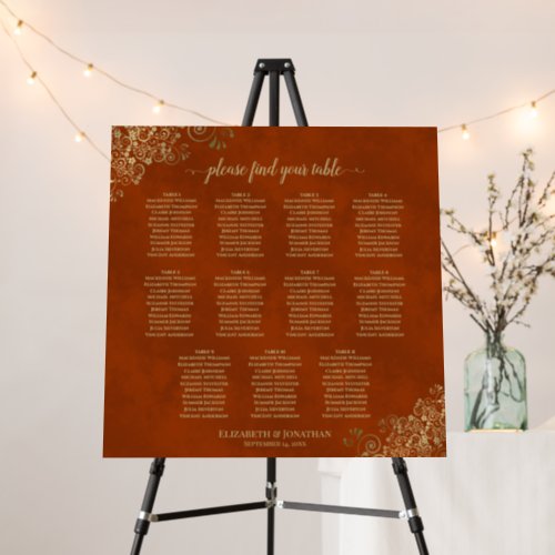 11 Table Rust Orange  Gold Wedding Seating Chart Foam Board