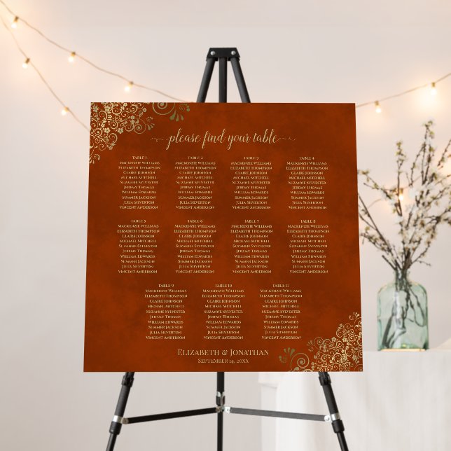 11 Table Rust Orange & Gold Wedding Seating Chart Foam Board (In Situ (Stand))