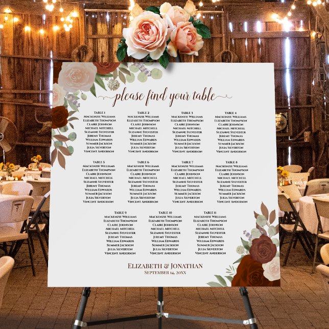 11 Table Rustic Fall Floral Wedding Seating Chart Foam Board (In Situ on Stand at Reception)