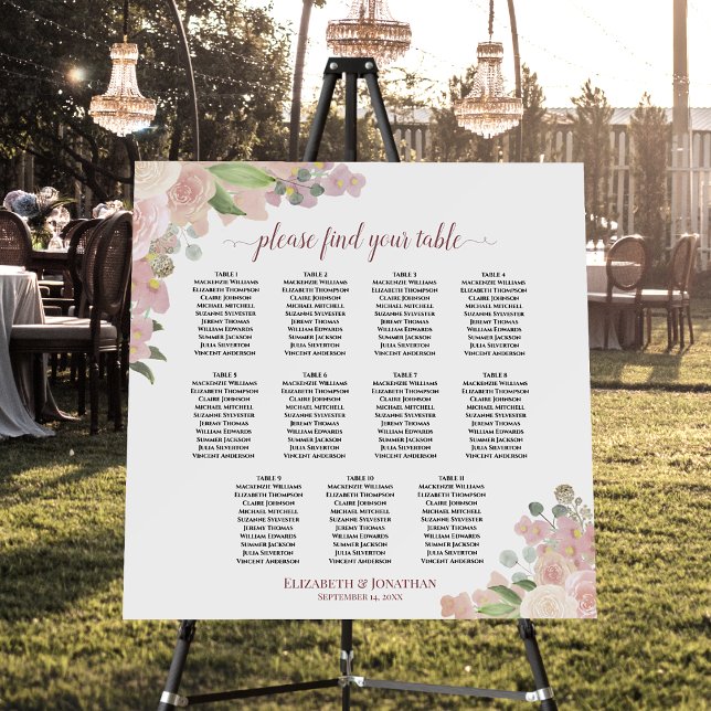 11 Table Rustic Pink Floral Wedding Seating Chart Foam Board (In Situ on Stand at Reception)