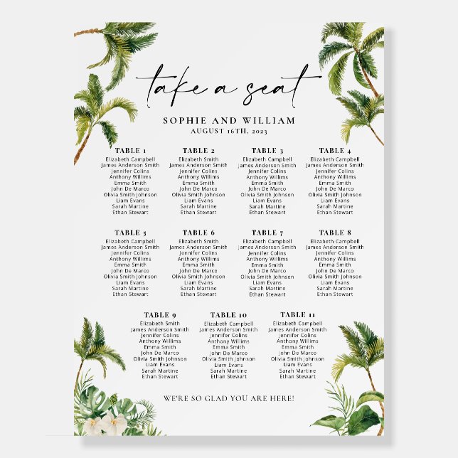 11 Table Seating Chart Tropical,  Seating Chart Foam Board (Front)