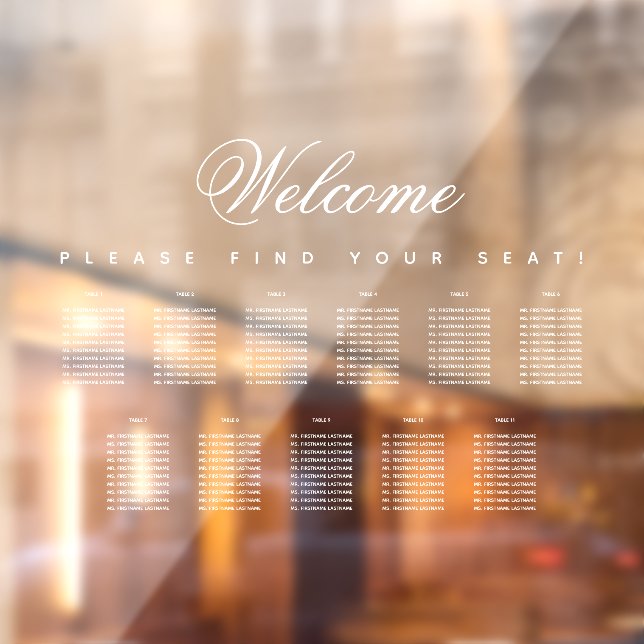 11 Table Seating Chart White Script Transparent  Window Cling (Sheet 2)