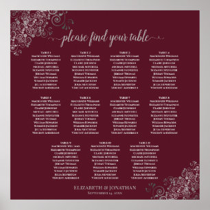 11 Table Silver on Burgundy Wedding Seating Chart