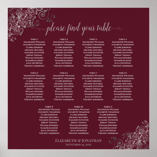 11 Table Silver on Burgundy Wedding Seating Chart (Front)
