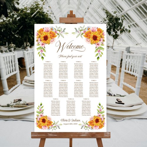 11 Table Sunflower Rose Wedding Seating Chart