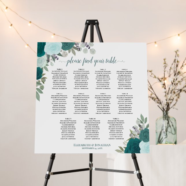 11 Table Teal Boho Roses Wedding Seating Chart  Foam Board (In Situ (Stand))